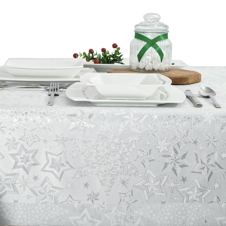 Obrus biało srebrny Gwiazdki - 120x120 cm - srebrny