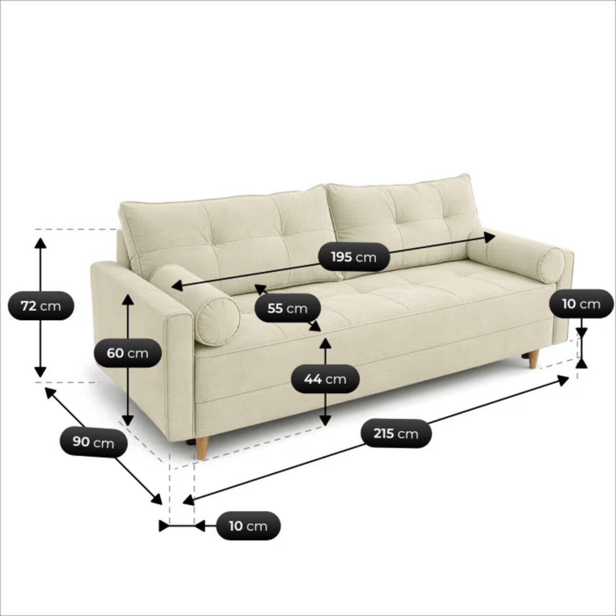 Sofa Rozkładana z Funkcją Spania Kanapa Dwuosobowa Kremowa LONAR