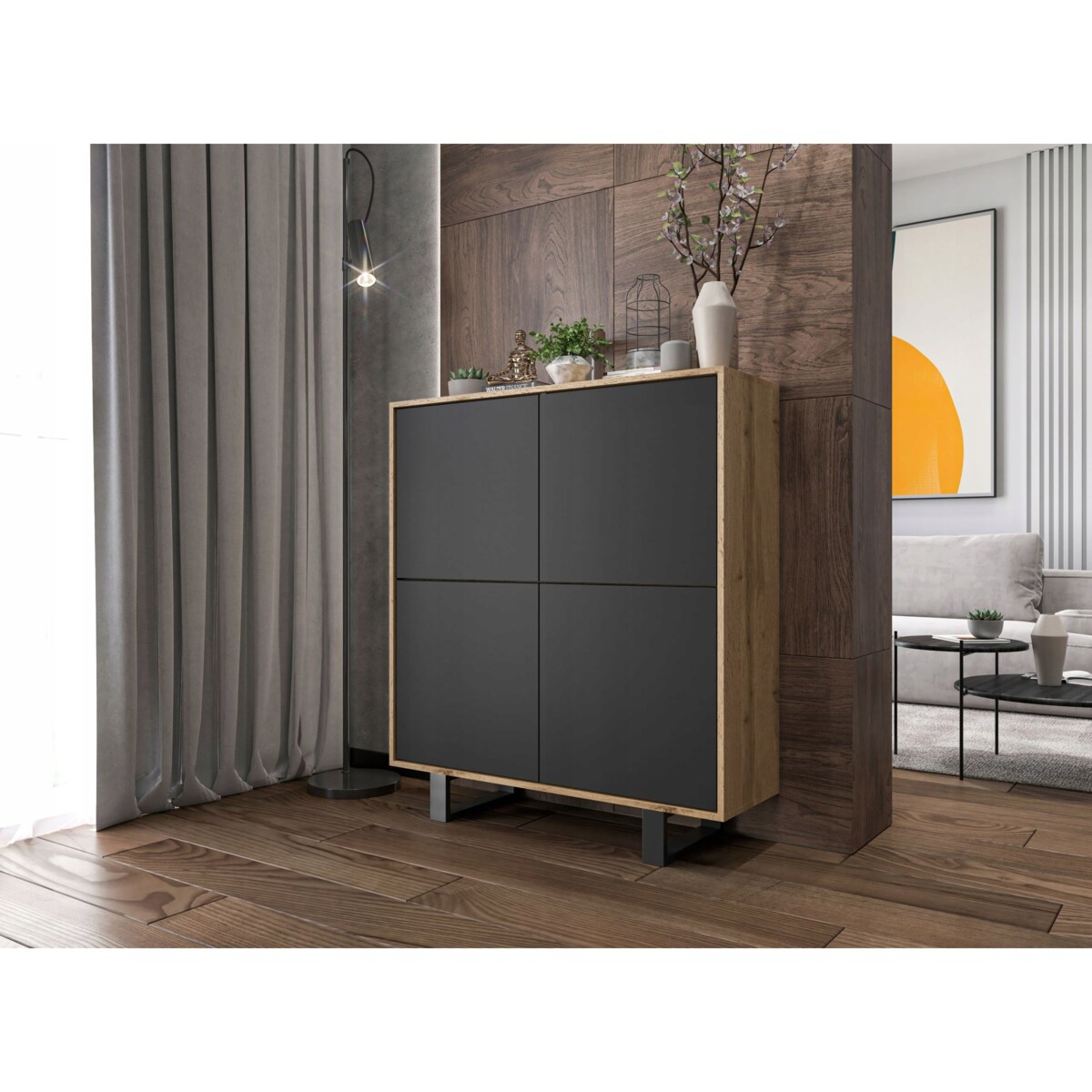 Industrialna Komoda Loft Szafka RTV Dąb Wotan Czarny MAT 113 cm