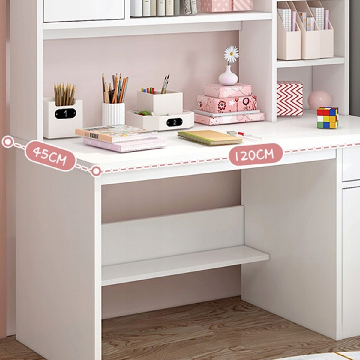 Biurko komputerowe białe loft pod laptop komputer skandynawski z 7 półkami