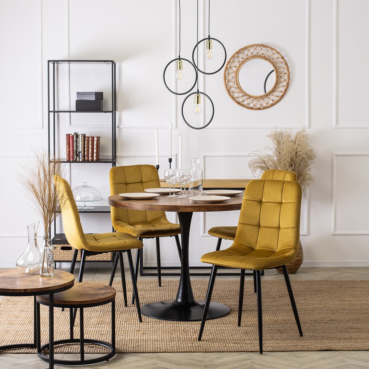 Krzesło Tapicerowane Welurowe Pikowane Do Jadalni Loft Musztardowe PERU