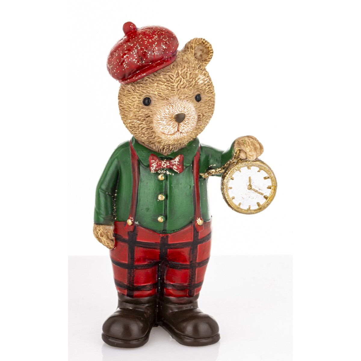 Figurka - Miś brązowy pracownik z zegarkiem w zielonej koszuli 12,5x7x5 cm
