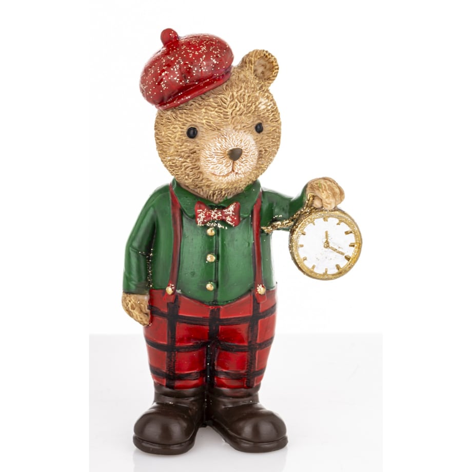 Figurka - Miś brązowy pracownik z zegarkiem w zielonej koszuli 12,5x7x5 cm