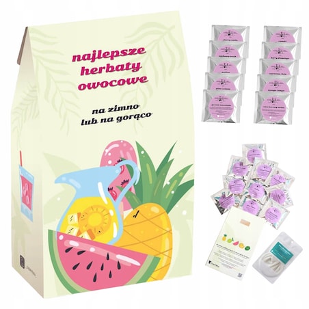 ZESTAW 10 ORZEŹWIAJĄCYCH HERBAT SYPANYCH OWOCOWYCH NA ZIMNO JAKO ICE TEA + ZAPARZACZ NA LATO - PREZENT UPOMINEK DLA FACETA KOBIETY NIEJ NIEGO