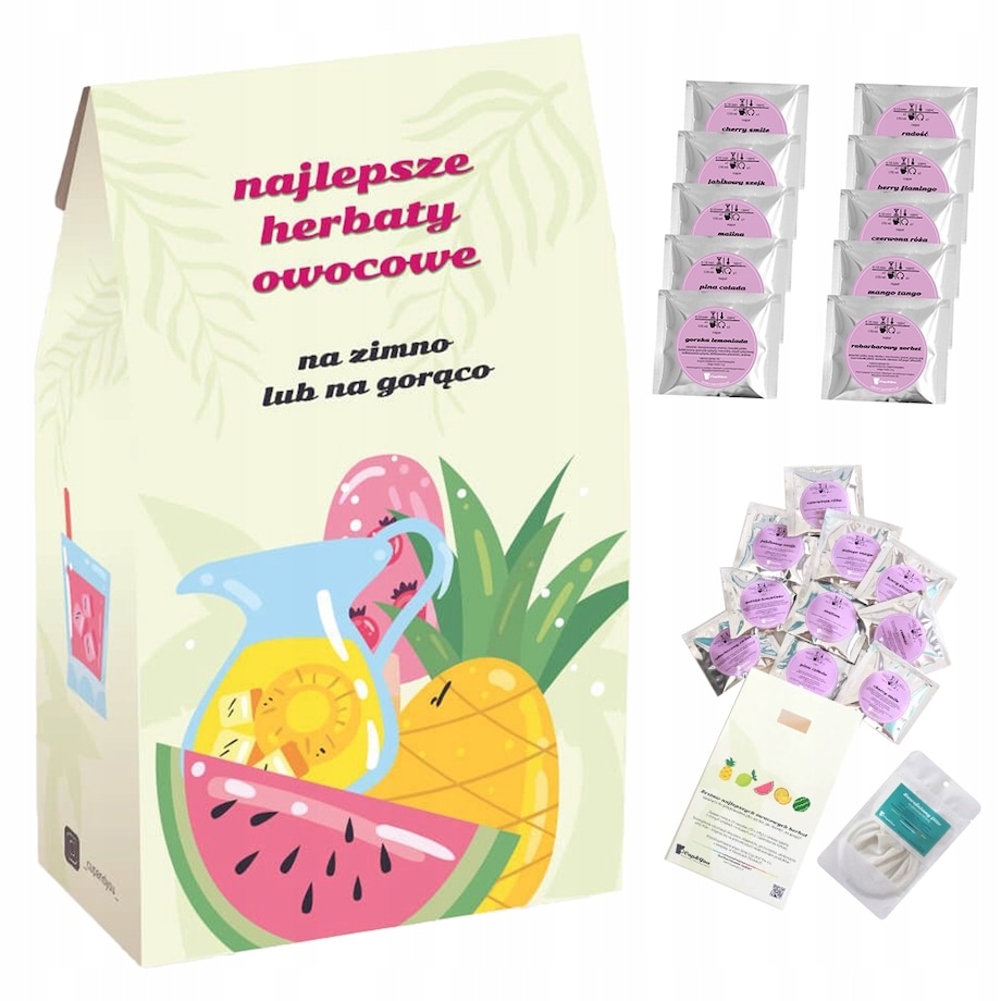 ZESTAW 10 ORZEŹWIAJĄCYCH HERBAT SYPANYCH OWOCOWYCH NA ZIMNO JAKO ICE TEA + ZAPARZACZ NA LATO - PREZENT UPOMINEK DLA FACETA KOBIETY NIEJ NIEGO