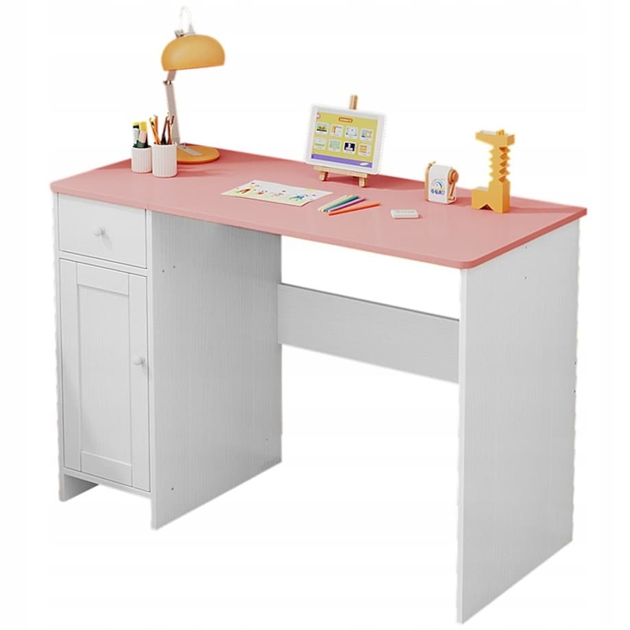 Biurko białe z szufladą szafką dla dziewczyny z różowym blatem loft pojemne