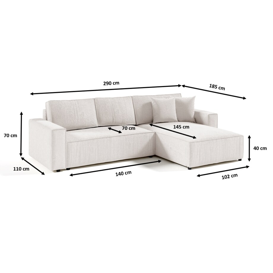 Narożnik MILLE L z funkcją spania, sztruks, Kolor: POSO 55