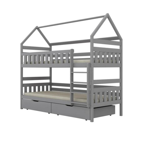 Łóżko piętrowe domek FELIKS 200x90 szare drewniane z szufladami