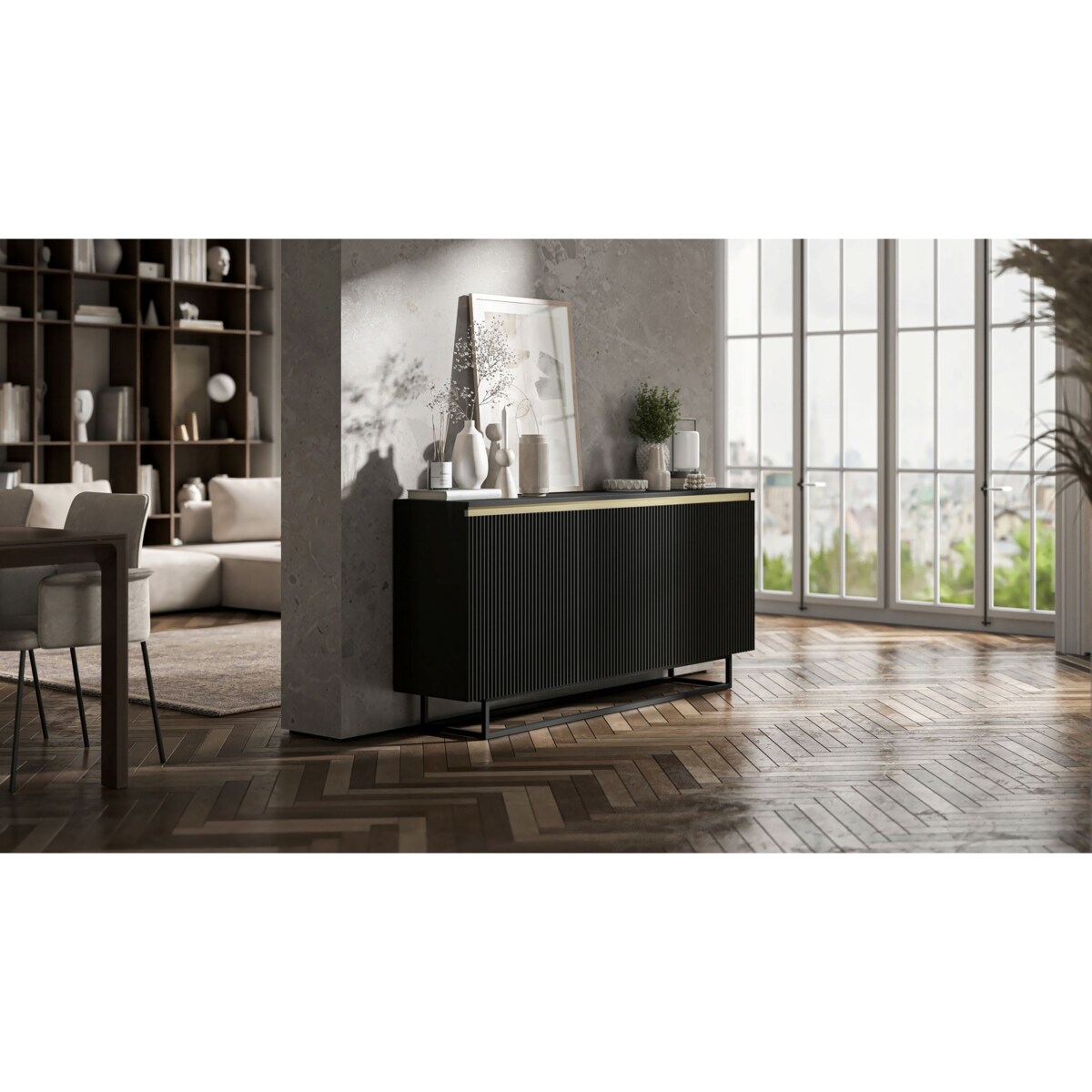 Komoda Glamour Szafka RTV Czarny MAT ryflowane fronty czarny stelaż 166,8 cm