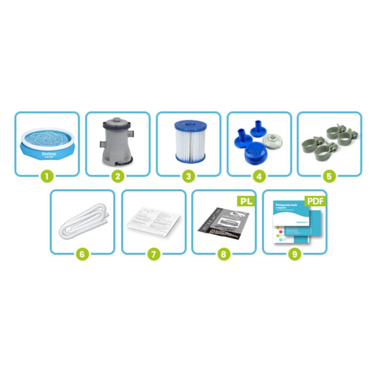 Basen ogrodowy dla dzieci rozporowy rodzinny 244x61cm Bestway pompa 9w1