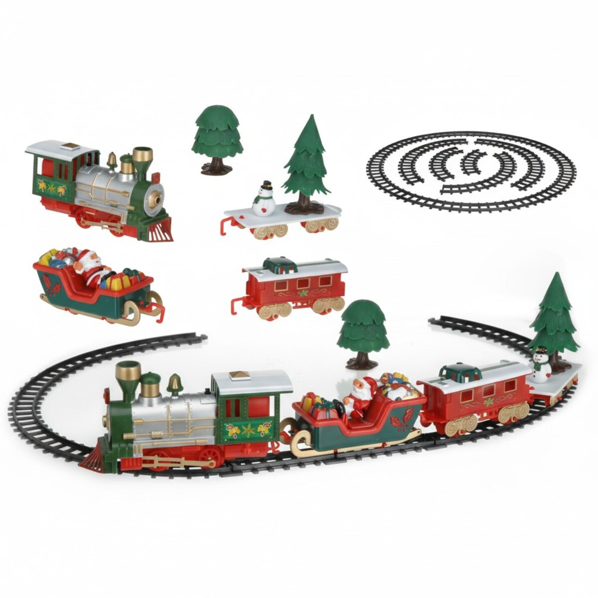 Kolejka pod choinkę z lokomotywą i saniami Mikołaja, 22 elementy