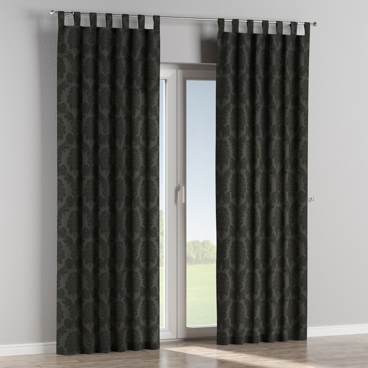 Zasłona na szelkach 1 szt. 130x260 czarne liście akantu na grafitowym tle