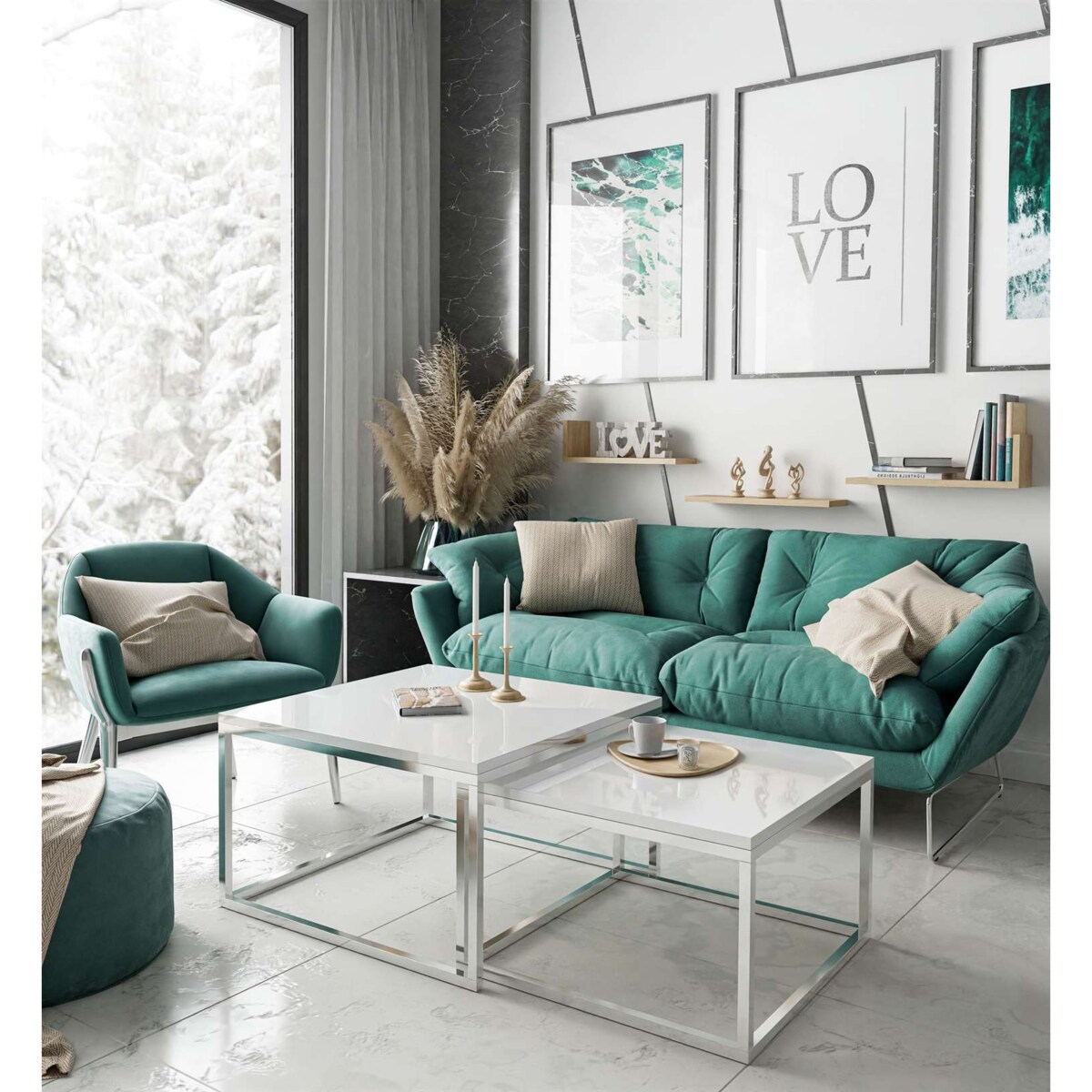 Stolik kawowy ława YOSHI 2w1 chrom biały połysk 40/46 cm