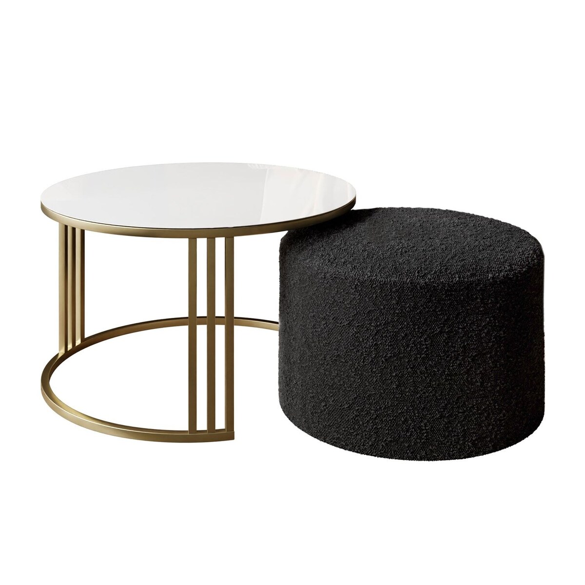 Stolik kawowy z pufą LORI GLASS złoto szczotkowane, białe szkło / Coral 60