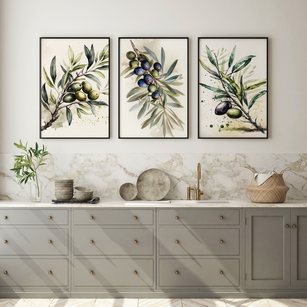 ZESTAW 3X PLAKAT W RAMIE DO JADALNI GAŁĄZKI OLIWNE AKWARELE LIŚCIE 30x40cm