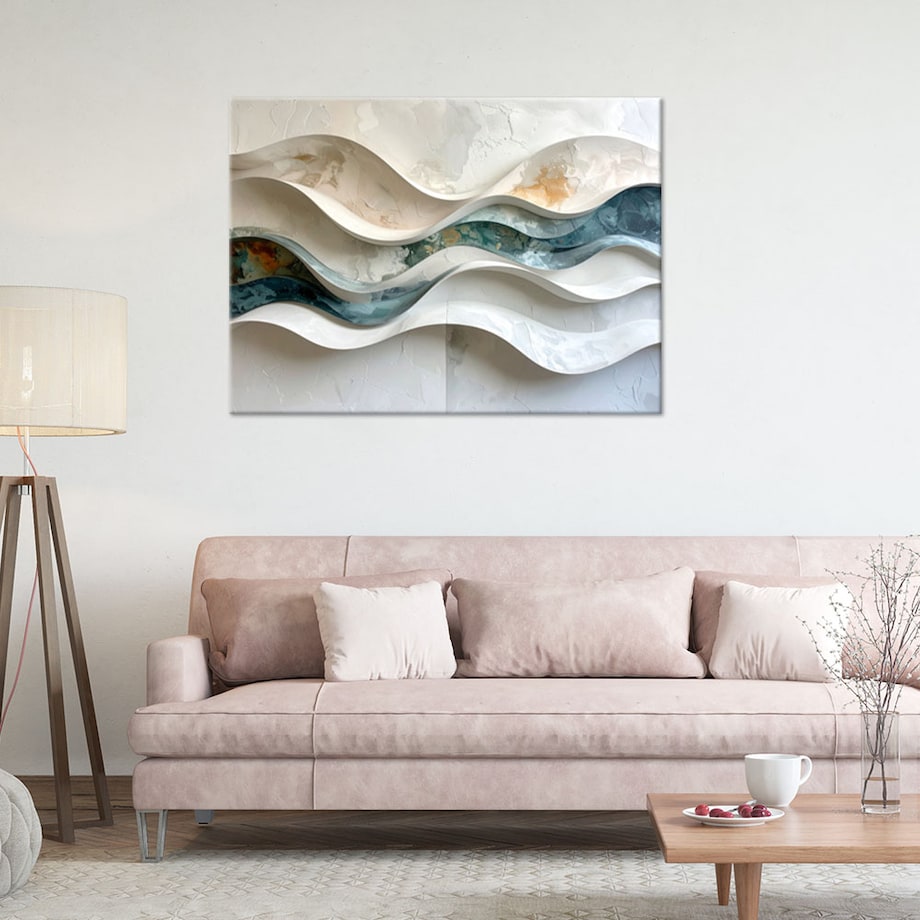 Obraz do salonu sypialni biura, Abstrakcyjne fale z imitacją farby w beżu 60x40 cm