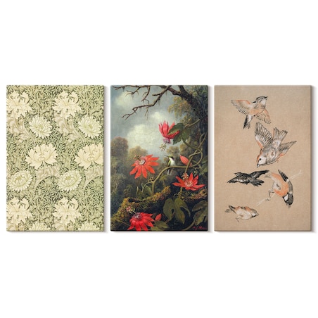 Zestaw 3 małych obrazów na płótnie - Kwiaty ptaki przyroda natura - zielony