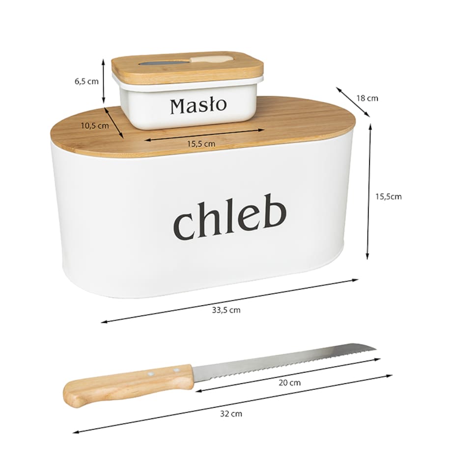 Zestaw chlebak z maselniczką i nożem deska do krojenia biały