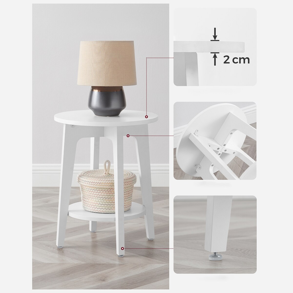 STOLIK KAWOWY BOCZNY OKRĄGŁY Z PÓŁKĄ - BIAŁY