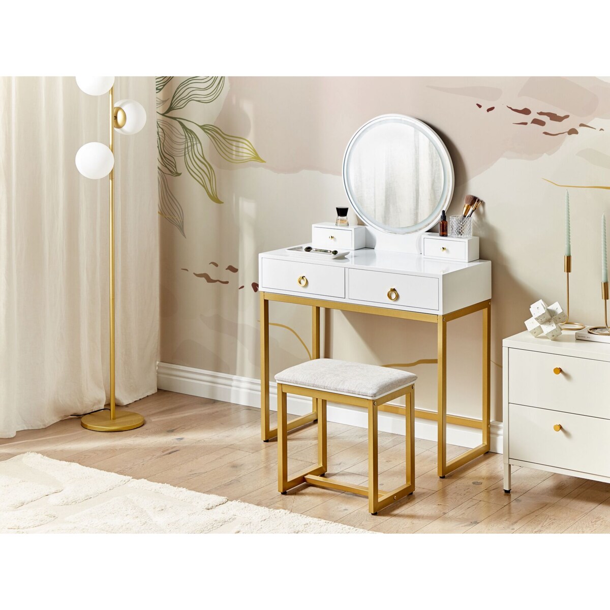 Toaletka 4 szuflady lustro LED ze stołkiem biało-złota AUXON