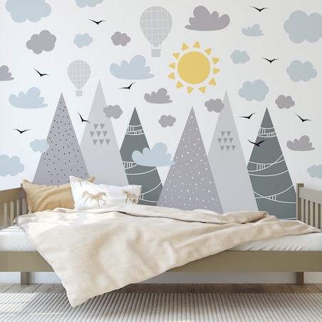 NAKLEJKI NA ŚCIANĘ DLA DZIECI SZARE GÓRY CHMURY BALONY STYL BOHO ZESTAW