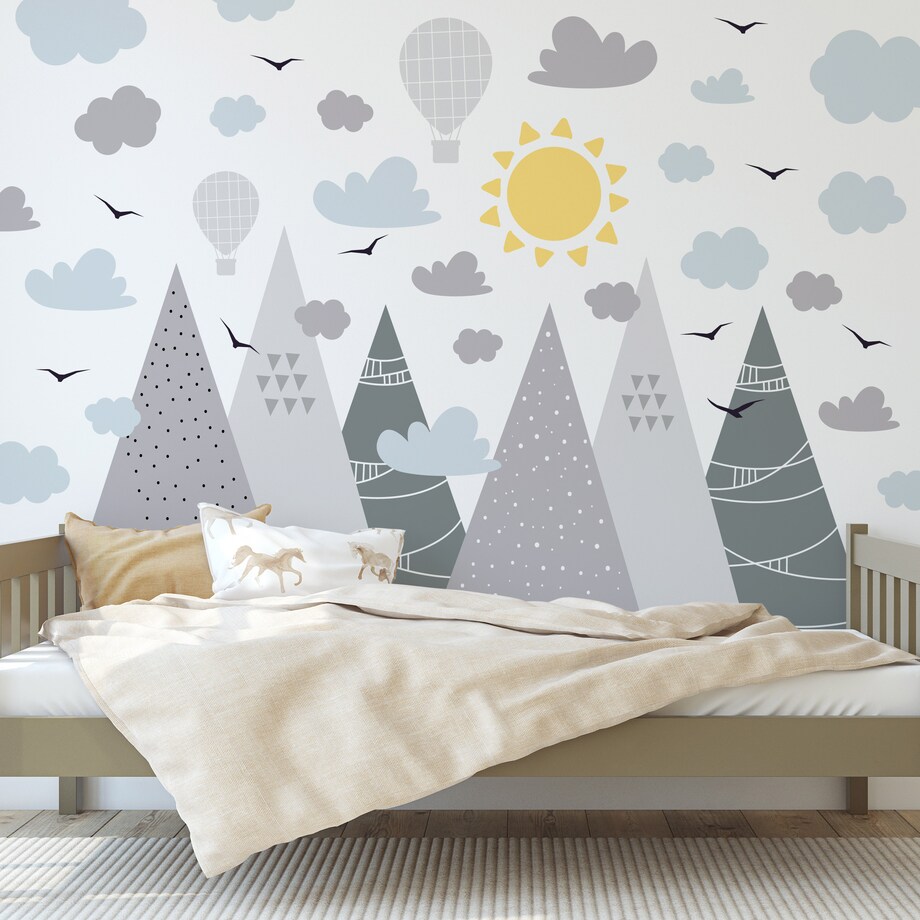NAKLEJKI NA ŚCIANĘ DLA DZIECI SZARE GÓRY CHMURY BALONY STYL BOHO ZESTAW