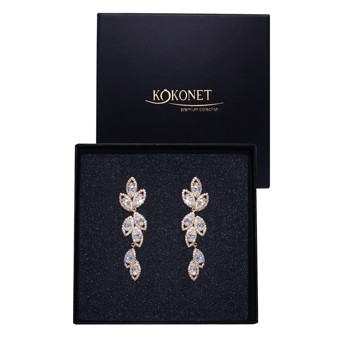 Kolczyki ZŁOTE Listki Cyrkonie SZTYFTY Ślubne BOHO Wiszące eleganckie