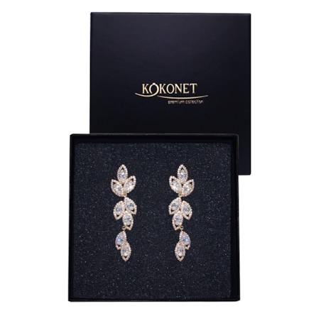 Kolczyki ZŁOTE Listki Cyrkonie SZTYFTY Ślubne BOHO Wiszące eleganckie