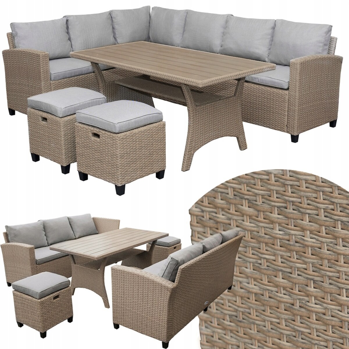 Zestaw Ogrodowy Wypoczynkowy Narożnik Stół Pufy Meble Ogrodowe Technorattan Venezia