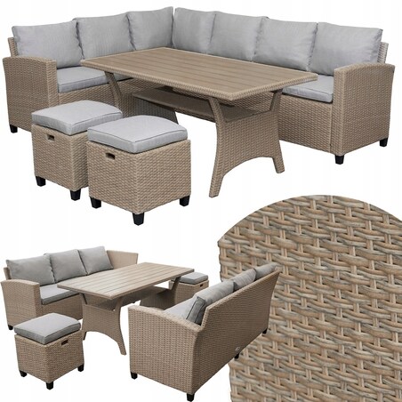 Zestaw Ogrodowy Wypoczynkowy Narożnik Stół Pufy Meble Ogrodowe Technorattan Venezia