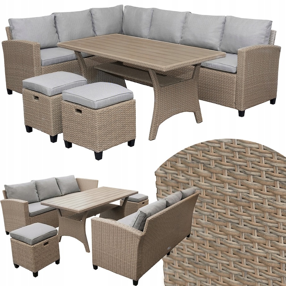 Zestaw Ogrodowy Wypoczynkowy Narożnik Stół Pufy Meble Ogrodowe Technorattan Venezia