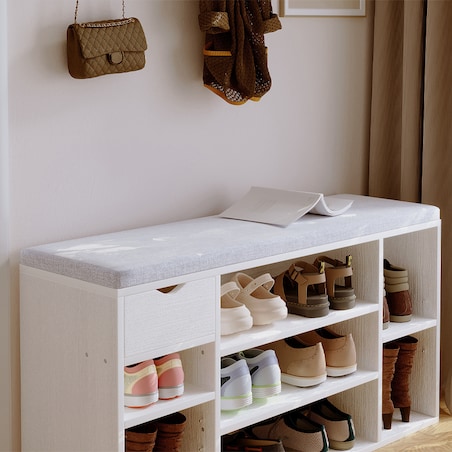 Szafka na buty z szarym siedziskiem loft biała ławka przedpokój nowoczesna