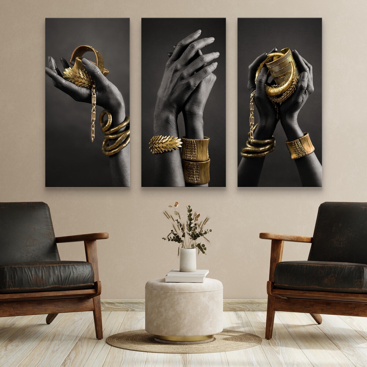 Zestaw 3 Obrazów Do Salonu Czarno Złote Glamour 120x80cm