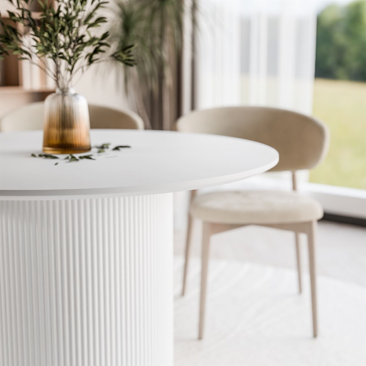 Okrągły stół do jadalni OVI z ryflowaną podstawą, biały