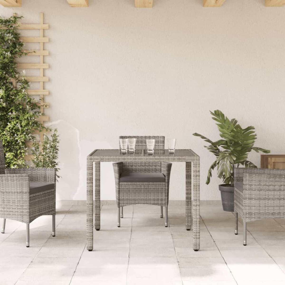 vidaXL Stół ogrodowy ze szklanym blatem, szary, 90x90x75 cm, rattan PE