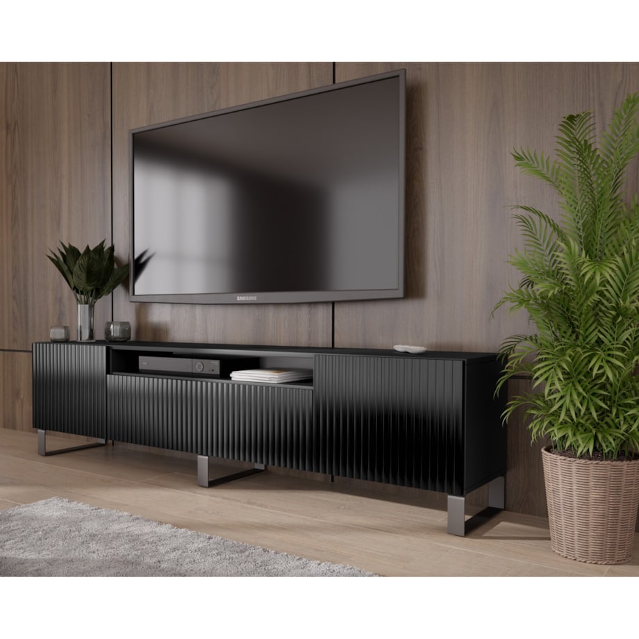 Szafka RTV MARCO 200 cm stojąca pod telewizor, frezowane fronty- czarna