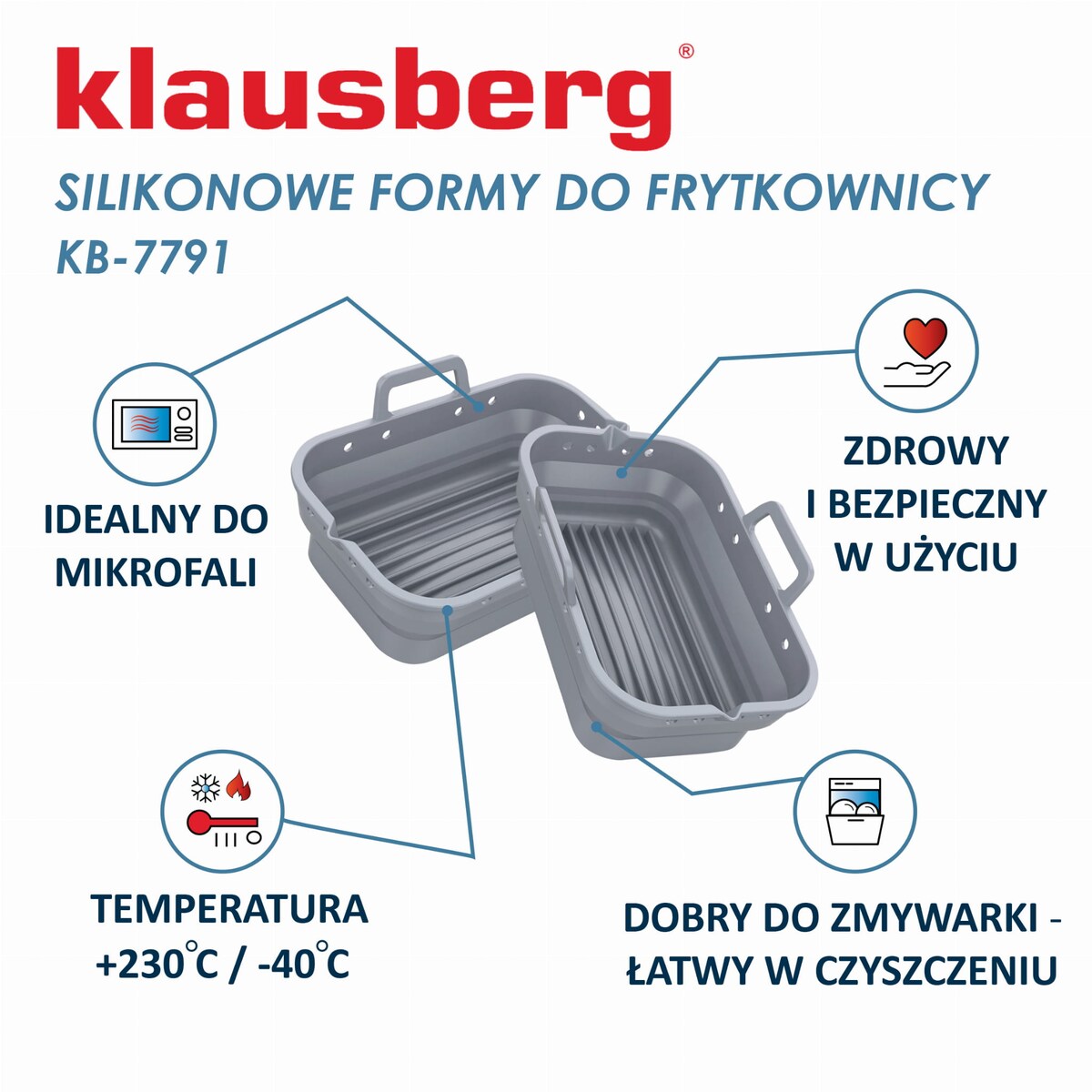 Zestaw wkładów silikonowych do frytkownicy beztłuszczowej 2 sztuki prostokątny 20.5x14.5cm składany KLAUSBERG