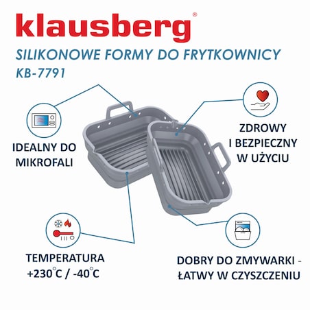 Zestaw wkładów silikonowych do frytkownicy beztłuszczowej 2 sztuki prostokątny 20.5x14.5cm składany KLAUSBERG