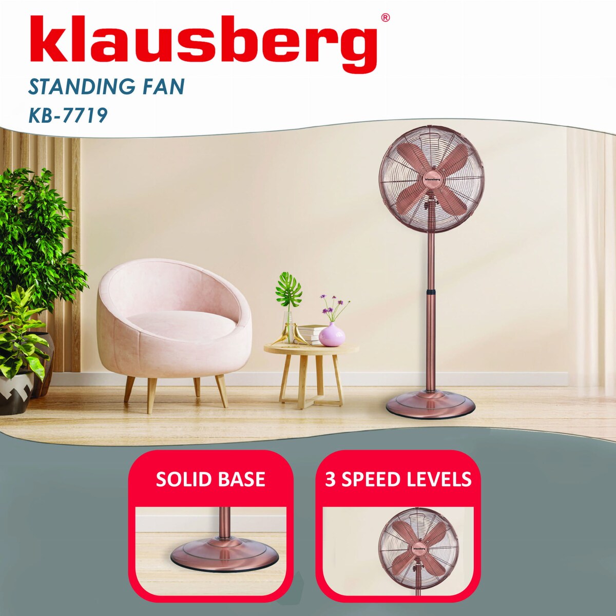 Wentylator stojący podłogowy 40cm 50W metalowy Rose Gold KLAUSBERG