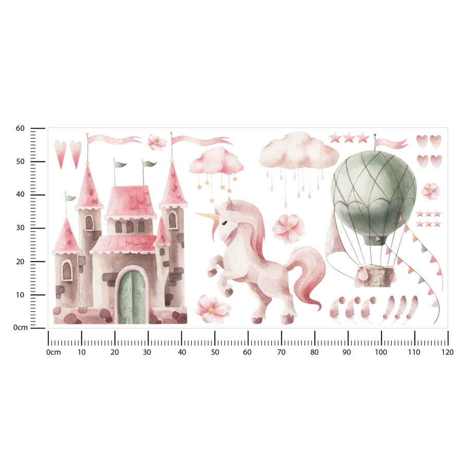 ZESTAW Naklejek DLA DZIECI Jednorożec Akwarelowy Zamek Balon Różowe Chmurki 120x60cm