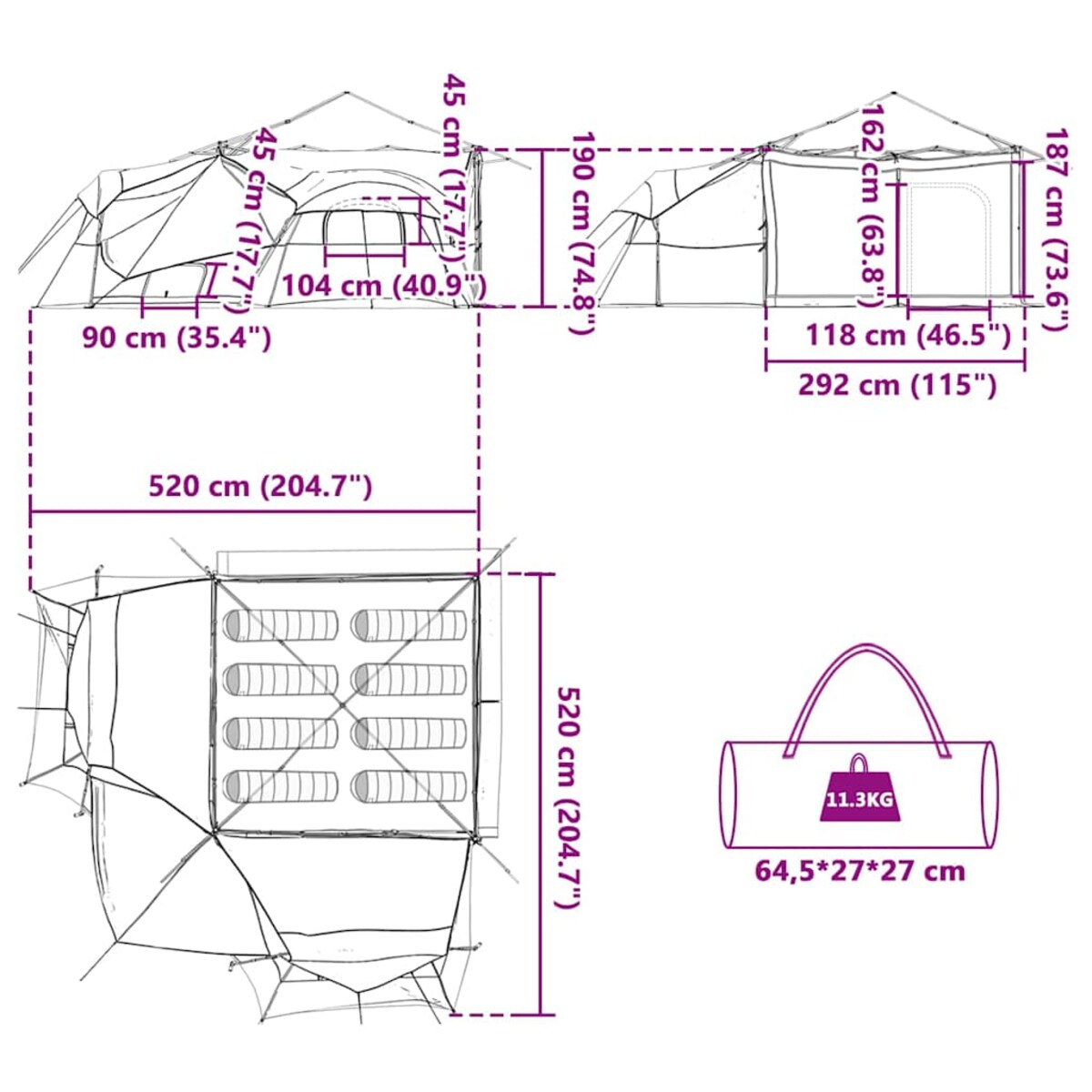 vidaXL Namiot Rodzinny Wewnętrzny Zielony 520 x 520 x 190 cm
