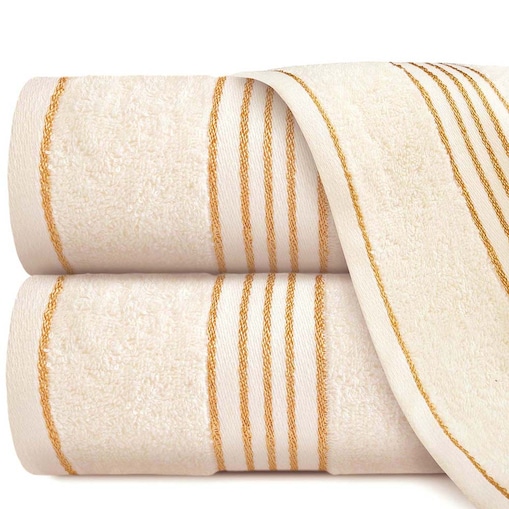 Ręcznik kąpielowy 50x90 cm bawełniany kolor ecru z bordiurą w złote paski 500 g/m2 TIWANO