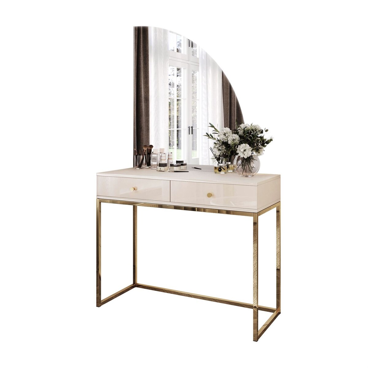 Toaletka kosmetyczna QUINNIE KASZMIR z lustrem LED złoty chrom, prawa, uchwyt złoty chrom