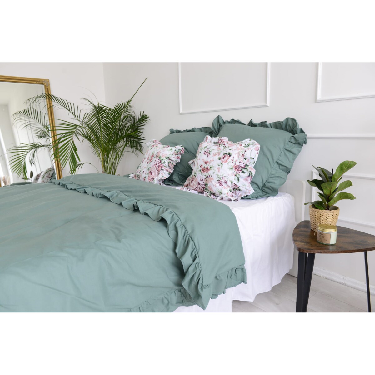 Pościel Bawełniana Z Falbanką Zestaw Komplet Do Sypialni Kołdra + 4 Poduszki 220X200 Cm