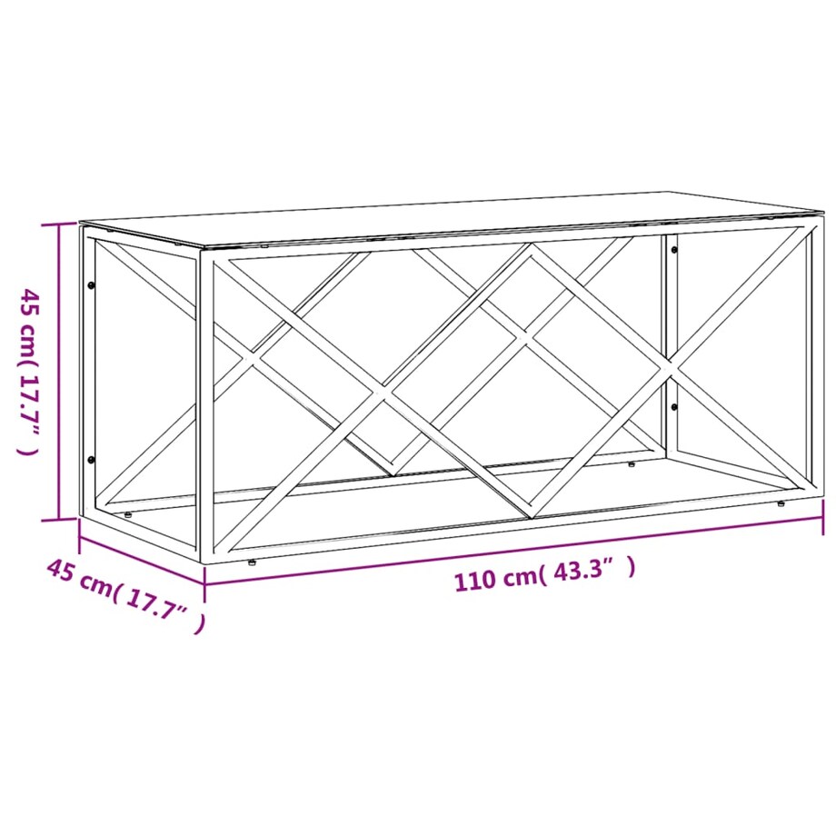 vidaXL Stolik kawowy, 110x45x45 cm, stal nierdzewna i szkło