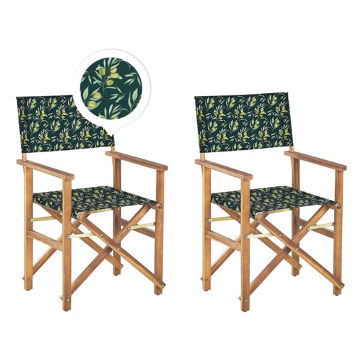 Zestaw 2 krzeseł ogrodowych akacjowy jasne drewno z białym / wzór w oliwki CINE