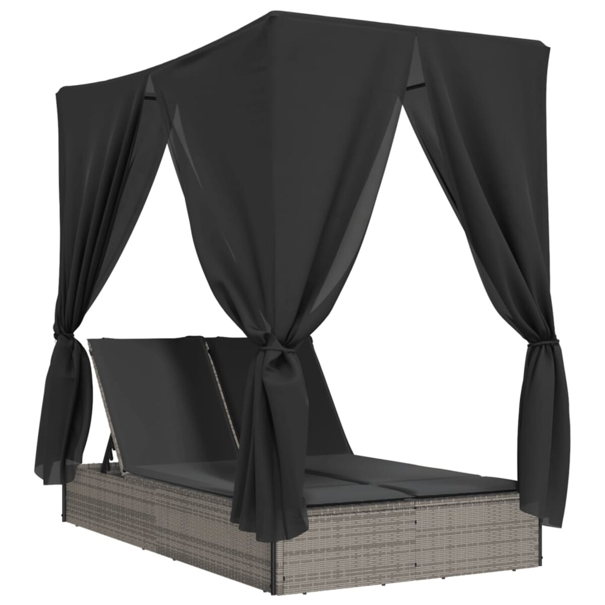 vidaXL Podwójna leżanka z daszkiem i zasłonami, szary polirattan
