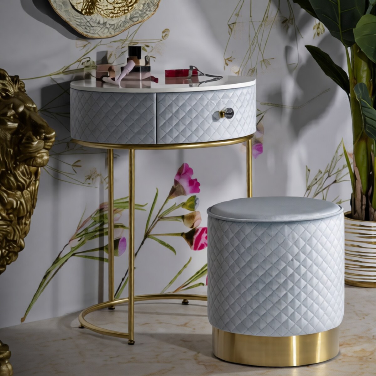 Toaletka z taboretem Nightstand Dressing Vellit, zestaw 2 szt., zestaw do makijażu, styl glamour, Mauro Ferretti