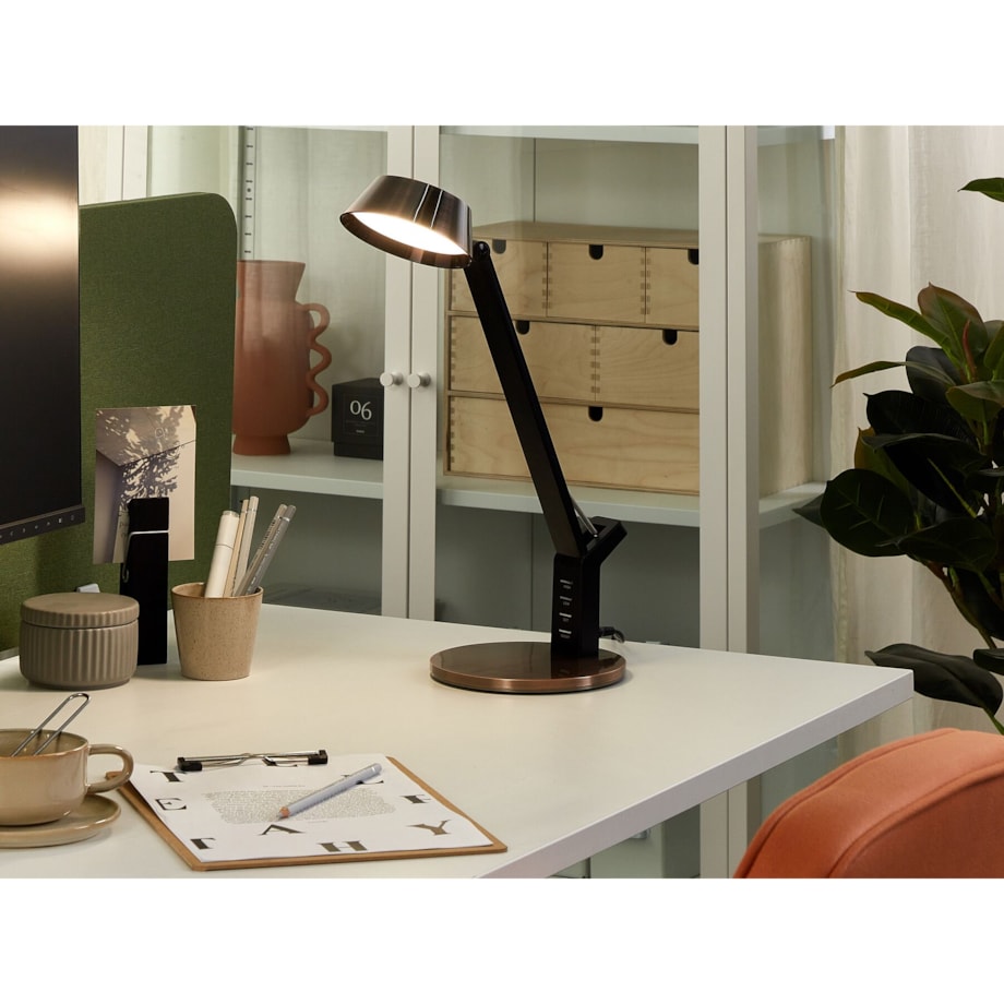 Lampa biurkowa LED metalowa z portem USB miedziana CHAMAELEON