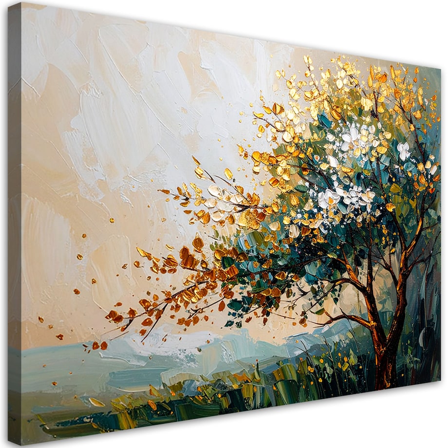 Obraz do salonu sypialni biura, Drzewo Liście Krajobraz w beżu 100x70